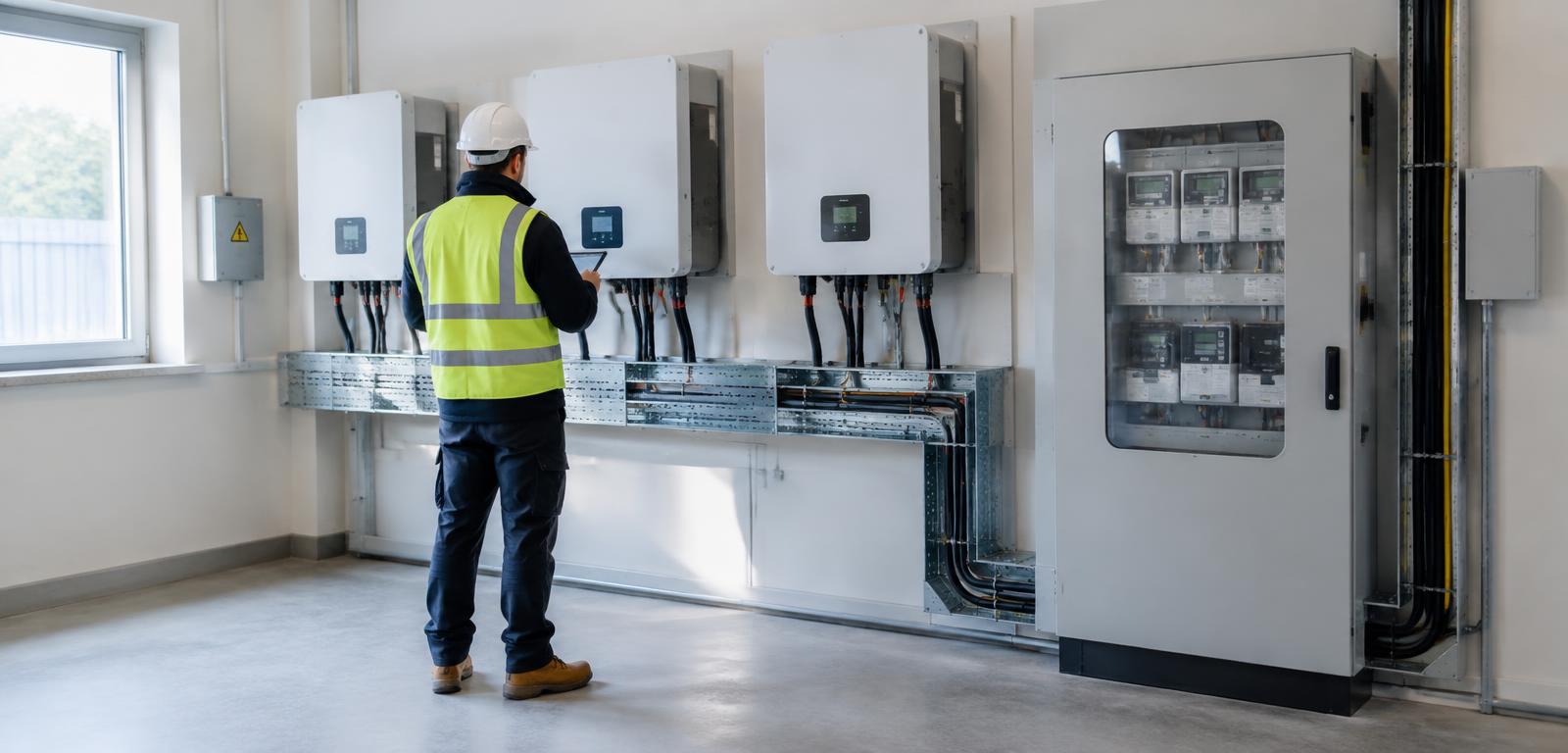 Technician checking inverters and meters in a plant room
