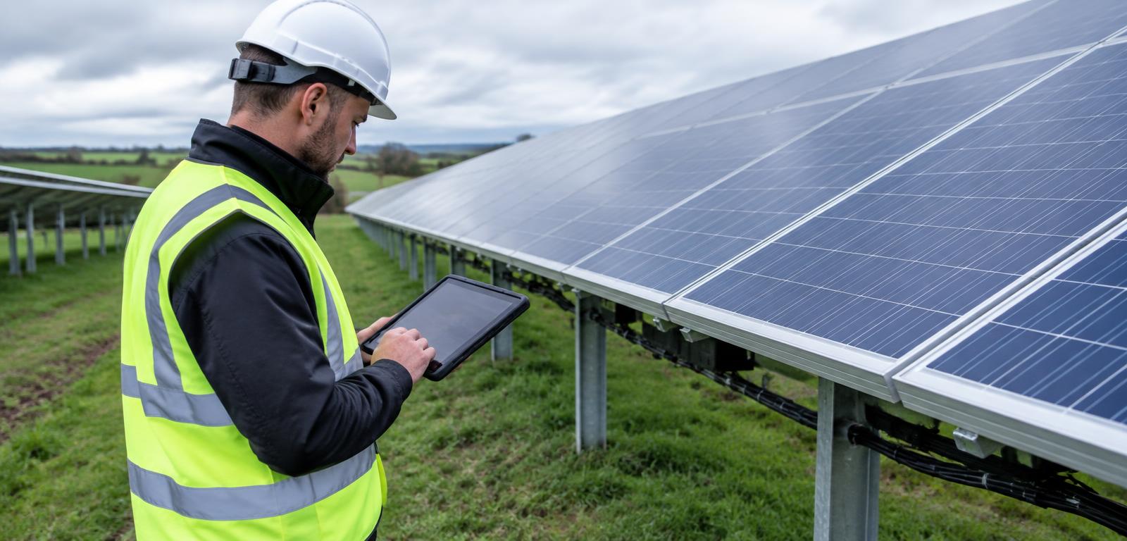 Technician inspecting solar panels with a tablet