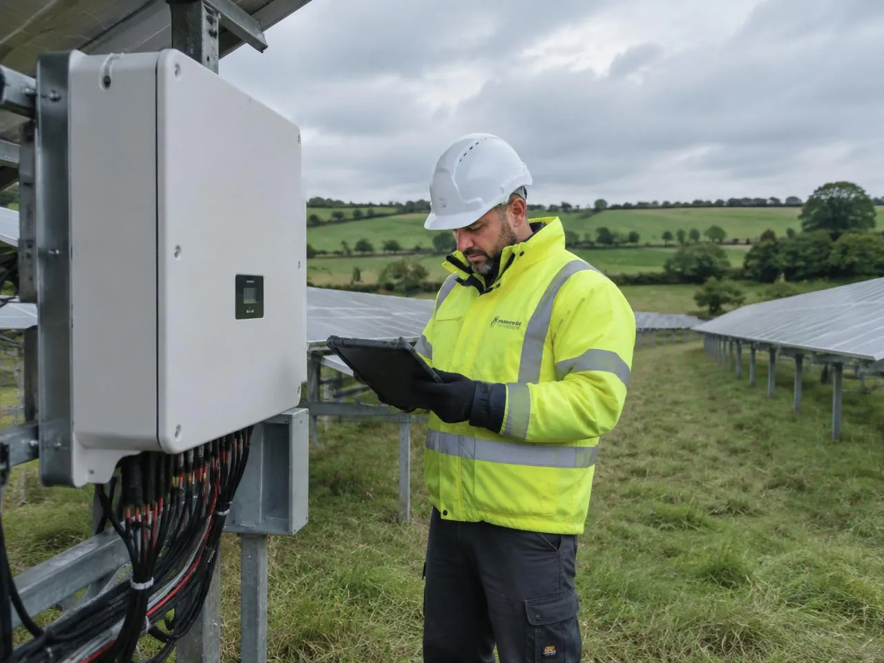 Technician checking an inverter on a tablet at a UK solar farm